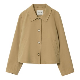 Jigsaw beige cropped jacket with pointed collar, button front fastening, and patch pockets