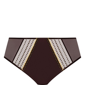 Elomi brief in Gold Rush, dark brown fabric with taupe mesh panels and gold dot lace trim detailing