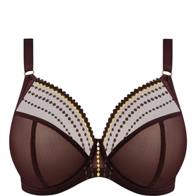 Elomi Plunge Bra in Gold Rush, deep brown mesh cups with gold and cream stripe embellishment and gold hardware detailing