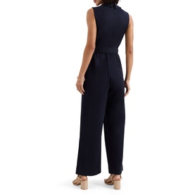 Model wearing Phase Eight blue sleeveless wide-leg jumpsuit with tie waist, back view, styled with nude heeled sandals