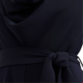 Phase Eight blue dress detail showing draped neckline and self-tie waist belt in smooth fabric