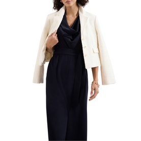 Model wearing Phase Eight blue satin cowl-neck midi dress with navy wide-leg trousers, styled with a cream textured blazer