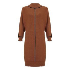 Phase Eight brown knit midi dress with mock neck, black contrast piping detail, and batwing sleeves