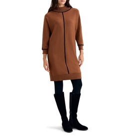 Model wearing Phase Eight brown knit dress with black contrast trim, styled with black knee-high boots