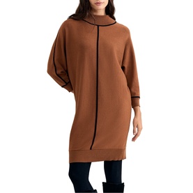 Model wearing Phase Eight brown oversized dress with black contrast piping trim, batwing sleeves, and ribbed hem.