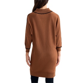 Model wearing Phase Eight brown knit dress, rear view, collared neckline with black tipping detail, three-quarter sleeves