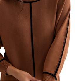 Model wearing Phase Eight brown knit dress with black contrast trim detailing, relaxed fit with ribbed cuffs