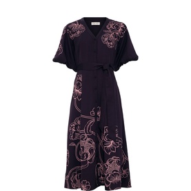 Phase Eight purple midi dress with floral outline print, flutter sleeves, wrap front, and self-tie belt