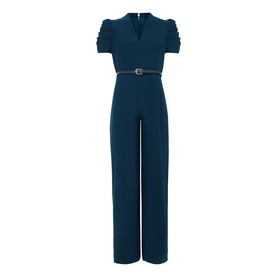 Phase Eight blue jumpsuit with V-neck, ruched short sleeves, slim belt, and wide-leg trousers