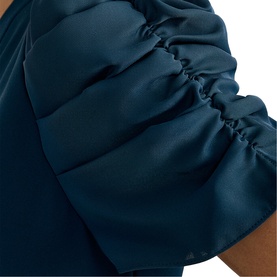 Phase Eight blue satin dress with ruched puff sleeve detail, close-up view showing gathered fabric texture