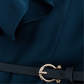 Phase Eight blue dress close-up showing ruffle neckline detail and slim black belt with gold-tone buckle