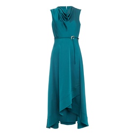 Phase Eight blue sleeveless midi dress with cowl neck, asymmetric hem, and silver buckle belt detail