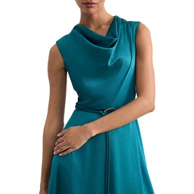 Model wearing Phase Eight blue satin sleeveless dress with cowl neck and belted waist detail, close-up torso view