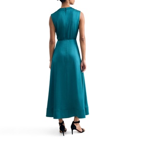 Model wearing Phase Eight blue sleeveless satin midi dress with fitted waist and flared skirt, styled with black heels, rear view