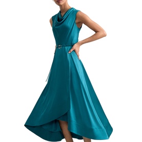 Model wearing Phase Eight blue satin sleeveless maxi dress with cowl neck, silver belt detail and asymmetric high-low hem