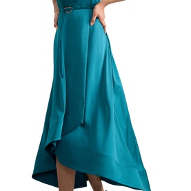 Model wearing Phase Eight blue satin asymmetric midi skirt with high-low hem and embellished waist detail, styled with strapless top