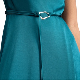 Phase Eight blue dress detail showing gold-tone buckle belt at waist, smooth fabric with centre seam