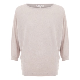 Phase Eight gold batwing knit jumper with round neckline and three-quarter length sleeves, flat lay view