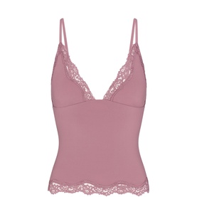 Skims Muted Mauve lace-trim cami top with V-neckline, thin adjustable straps, and scalloped lace hem detail