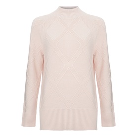 Phase Eight pink cable-knit mock-neck jumper with diamond stitch pattern and ribbed cuffs and hem