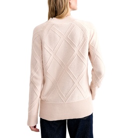 Model wearing Phase Eight pink cable-knit jumper, shown from rear, with diamond texture detail and ribbed hem, styled with navy trousers.