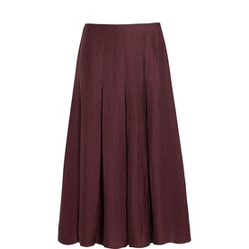 Jigsaw burgundy pleated midi skirt with flared silhouette and fitted waistband