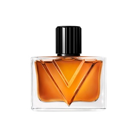Valentino Vendetta Uomo Eau de Parfum For Men in clear rectangular bottle with amber juice and embossed V motif, black cap
