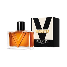 Valentino Vendetta Uomo Eau de Parfum, angular amber glass bottle with gold V emblem beside black and gold box