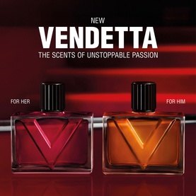 Valentino Vendetta Uomo EDP for Men alongside Vendetta for Her, two faceted flacons in amber and red with black caps