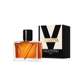 Valentino Vendetta Uomo Eau de Parfum, amber glass bottle with gold V motif beside black and gold branded box