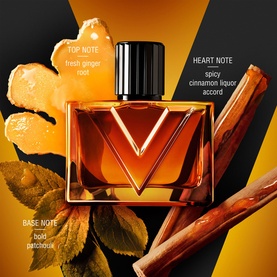 Valentino Vendetta Uomo Eau de Parfum bottle with amber flacon, V logo detail, surrounded by ginger, cinnamon and patchouli notes