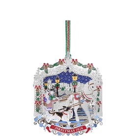 Newbridge silver Christmas 2024 ornament with carousel horse, winter village scene, and red-green striped ribbon hanger