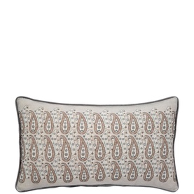 Rectangular cushion with all-over paisley print in muted pink and grey tones on a cream ground, with contrast piped edge