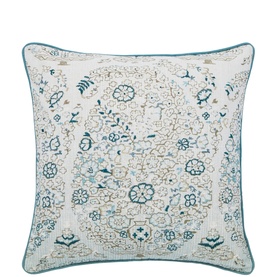 Bedeck Belfast cushion in celadon, cream ground with intricate floral medallion print and teal piped border trim