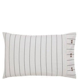 White and grey pinstripe pillowcase with button fastening detail on right edge, rectangular shape