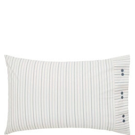White pillowcase with thin navy pinstripes and decorative button placket detail on one end, shown flat on white background