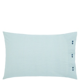 Pale blue rectangular pillowcase with a subtle geometric print and two navy button fastening detail on the right side.