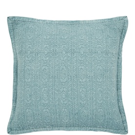 Duck egg blue square cushion with quilted floral and geometric texture, flanged border edge