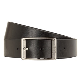 Calvin Klein black leather belt with rectangular antique silver buckle, smooth finish with punch holes visible along strap.