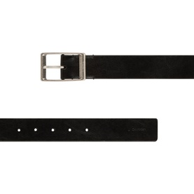 Calvin Klein black leather belt with silver-tone square buckle, punch holes detail, flat lay view showing full length