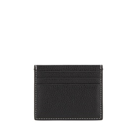 Calvin Klein black pebbled leather cardholder with contrast white stitching and multiple card slots, rear view