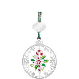 Newbridge silver Christmas bauble ornament with enamel candy cane and holly detail, striped ribbon hanger
