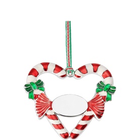 Newbridge silver candy cane heart Christmas tree ornament with red and green enamel bows and striped ribbon hanger