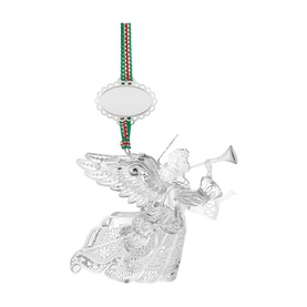 Newbridge silver angel playing trumpet Christmas tree ornament with engraving tag, hung on red and green striped ribbon