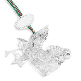 Newbridge silver angel Christmas tree decoration with filigree detailing, holding trumpet, on red and green ribbon hanger