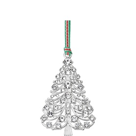 Newbridge silver crystal Christmas tree hanging ornament with rhinestone embellishments and striped red and green ribbon