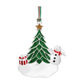 Newbridge silver Christmas tree and snowman hanging ornament with glitter detail, gold star topper, and striped ribbon hanger