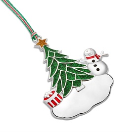 Newbridge silver enamel Christmas tree and snowman hanging decoration with green glitter detail and striped cord