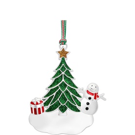 Newbridge silver Christmas tree and snowman hanging ornament with glitter detail, gold star topper, and striped ribbon hanger