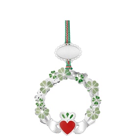 Newbridge silver claddagh wreath ornament with green enamel shamrocks, red heart, and striped ribbon hanger